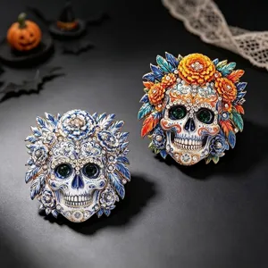 Exquisite Day of the Dead skull brooches with colorful floral designs and rhinestones