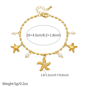Vue détaillée d'un bracelet étoile de mer en acier doré avec perles et dimensions indiquées