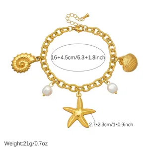 Bracelet charms coquillage etoile de mer perle plaque or bijoux de vacances femme
