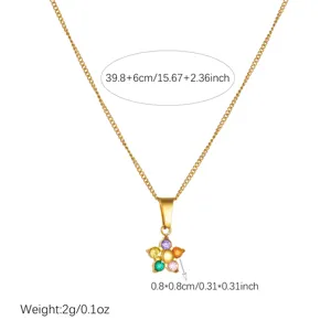 Detail view showing dimensions of a gold-plated flower pendant necklace with colored stones