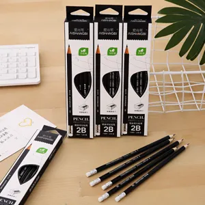 Close-up of boxed and loose 2B hexagonal sketching pencils with eraser tips