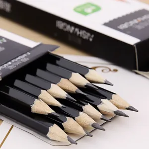 Close-up detail of pre-sharpened black hexagonal 2B sketching pencils in a box
