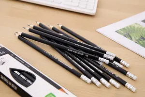 Professional black hexagonal 2B pencils with white erasers for sketching and writing on desk