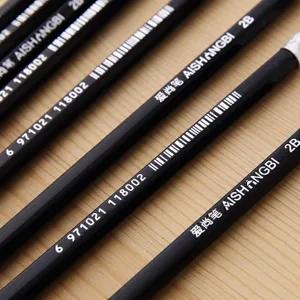 Macro view showing the smooth black finish and 2B grade of hexagonal drawing pencils