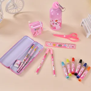 Komplettes 17-teiliges Kinder Schreibwaren-Geschenkset in Rosa mit süßem Hasen-Design für die Schule