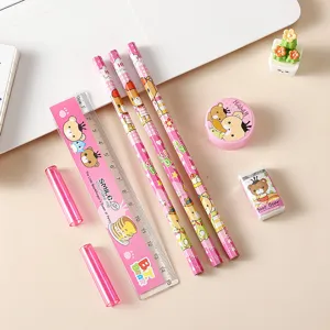 Children cute pink stationery set with pencils, ruler, eraser and sharpener for school.