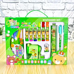 Umfangreiches grünes Schreibwaren-Geschenkset mit Markern, Bleistiften und Anspitzer