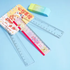 Vue détaillée de règles de 15 cm transparentes et roses avec dessins pour écoliers
