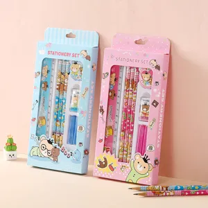 Kids Stationery Set Cute Cartoon Bear Pencil Ruler Eraser Sharpener School Supplies Gift Box For Students Children