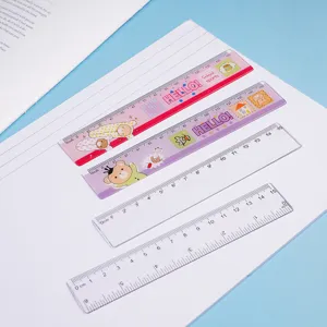 Détail de règles de 15 cm en plastique transparent et motifs de dessins animés colorés