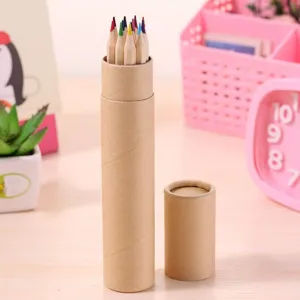 Natural wood colored pencils set in a cylindrical Kraft paper tube container for drawing