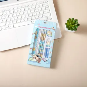 Kids stationery set gift box with cute cartoon bear design, pencils, ruler and eraser for school.