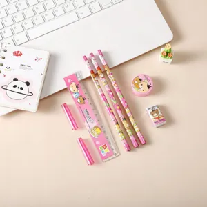 Pink stationery set for kids, cute student gift box with pencils, ruler, erasers and pencil cases.