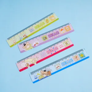 Lot de quatre règles de 15 cm en plastique transparent avec ours de dessin animé et motifs scolaires
