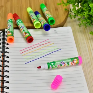 Set mit 6 bunten Cartoon-Markern mit feinen Spitzen, die auf einer Notizbuchseite schreiben