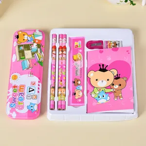 Pink cartoon bear stationery set with pencil case, ruler, and pencils for kids