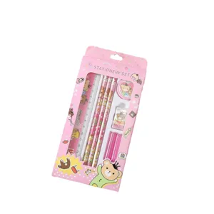Children pink stationery gift set box with cute cartoon pencils ruler and eraser for kids
