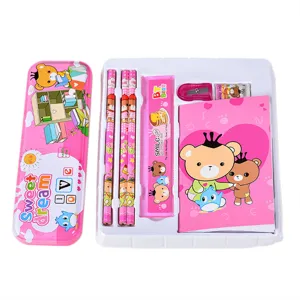 Pink cartoon bear stationery gift set for children including pencil case and notebooks