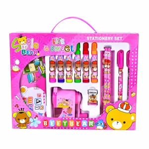 Set di cancelleria rosa per bambini con penne colorate matite temperamatite e gomma da scuola.