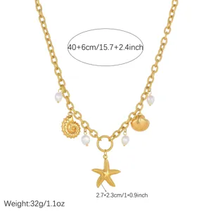 Vue détaillée montrant les mesures et le poids du collier bohème avec pendentif coquillage.
