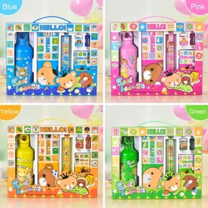 Kinder Cartoon Bär Schreibwaren Set Geschenkbox Wasserflasche Blechdose Bleistift Lineal Radiergummi Anspitzer Notizbuch Schulbedarf