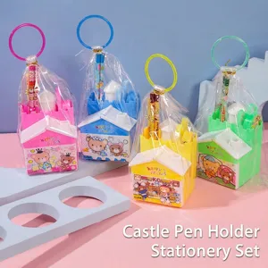 Cartoon House Shaped Stationery For Kids Student School Supplies Castle Pencil Holder With Pencil Ruler Scissors Sharpener Birthday Gift