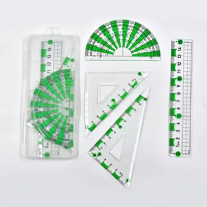 A detail shot of a four-piece green and transparent geometry set for student use