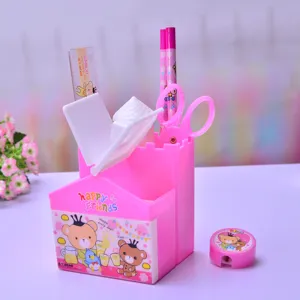 Comprehensive pink cartoon stationery set with pen holder and pencils for school kids' gifts.
