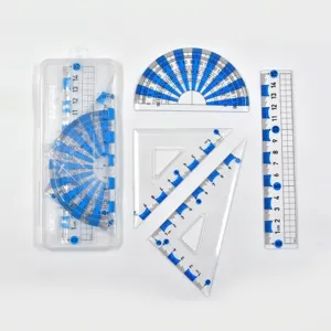 4-piece transparent geometry ruler set with protractor and triangle rulers in clear plastic case
