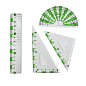Transparent plastic 4-piece geometry set with 15cm ruler and protractor for students