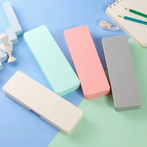 Minimalist macaron color PP plastic pencil cases for students shown in various pastel tones