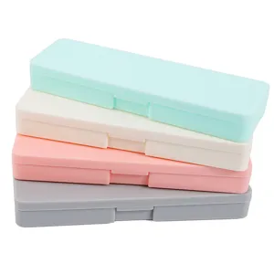 Minimalist macaron colored PP plastic pencil cases for students stacked in four colors