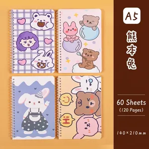Set di 4 graziosi quaderni a spirale A5 con orso e coniglio, 60 fogli per quaderno