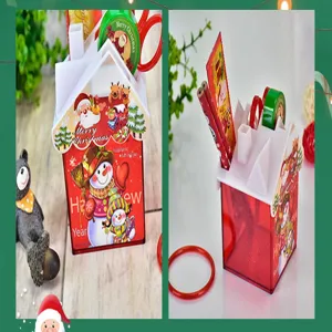 Detailed view of festive Christmas house-shaped pen holder with stationery set