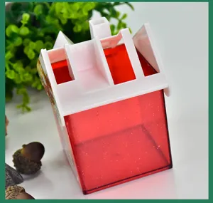 House-shaped red transparent glitter pencil holder for Christmas stationery gift set