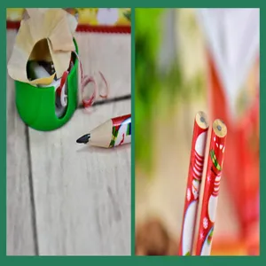 Detail view of Christmas pencils and a green sharpener featuring snowman patterns.