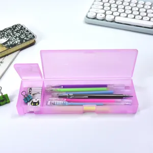 Estuche de lápices rosa de plástico esmerilado semitransparente con dos compartimentos