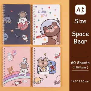 Set di 4 quaderni a spirale A5 con disegni di orsi astronauti, 60 fogli ciascuno.