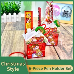 Kids Christmas Stationery Set With Red House Shape Pen Holder Ruler Pencils Sharpener Scissors School Supplies Gift