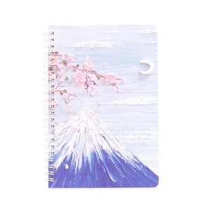 Cuaderno de espiral de pintura al óleo A5 con diseño de Monte Fuji y flores de cerezo.