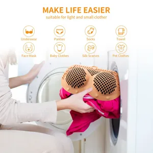 Detail view showing silicone bra laundry bag used in a washing machine with category icons