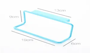 Dimensional view of blue over-the-door towel rack showing 19cm length and 9cm height