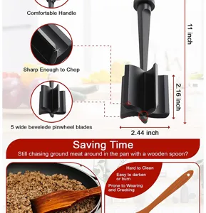 Durable black meat chopper with 5 pinwheel blades, ergonomic handle for efficient kitchen use.