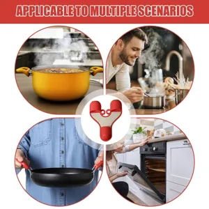 Clip anti-brûlure 3 doigts en silicone rouge pour casseroles et plats de cuisson chauds.