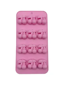 Pink silicone cherry-shaped baking mold with 12 cavities for oven-safe DIY cake making