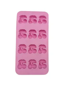 Pink silicone baking mold with 12 cherry-shaped cavities for DIY dessert and chocolate