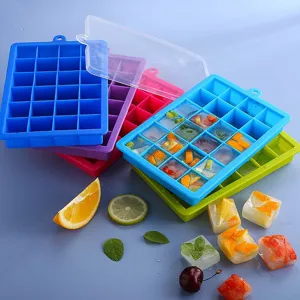 Silikon-Eiswürfelformen mit fruchtigen Eiswürfeln und frischen Beilagen im Detail