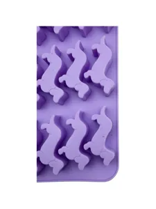 Detail view of purple dachshund-shaped silicone cake mold for heat resistant DIY baking