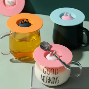 Creative silicone mug lids with cute cat ear handles, assorted colors for dust protection