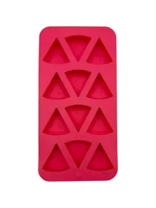 Vibrant red silicone mold featuring twelve detailed watermelon slice cavities for DIY baking